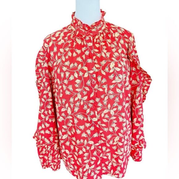Who What Wear Tops - Who What Wear red floral button front blouse w/ ruffle going down sleeve sz M.